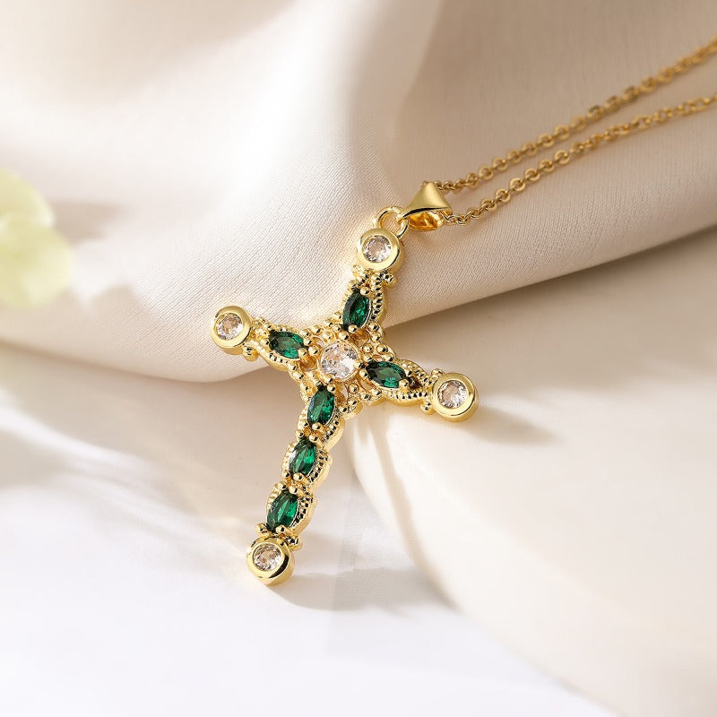 Wholesale Copper Plated Real Gold Zircon Cross Pendant Necklace ACC-NE-AoGu003