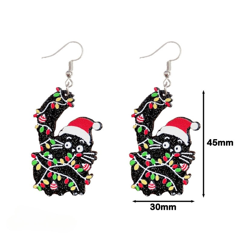 Wholesale Christmas New Acrylic Glitter Cartoon Black Cat Santa Claus Red Hat Earrings ACC-ES-Hongw001