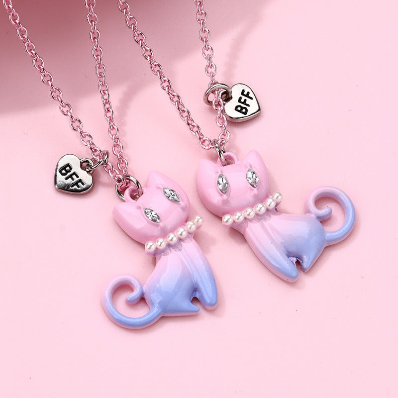 Wholesale Cat Cartoon Pink Gradient Alloy Necklace Set ACC-NE-Hanp007