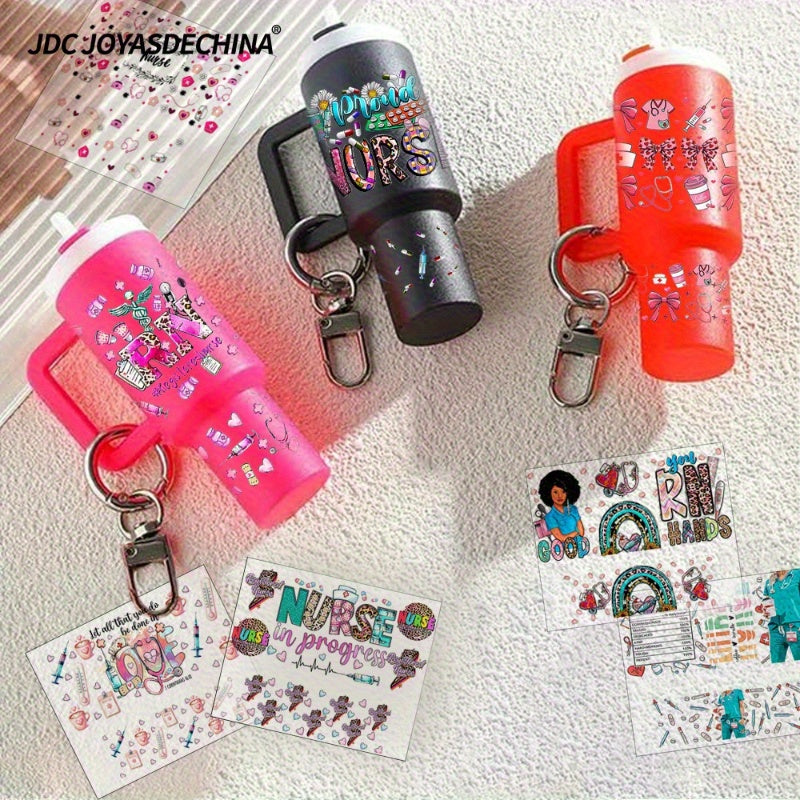 10pcs UV DTF Wraps Rub on Transfer Stickers 10 Style Nurse Themes for Mini Tumbler Cup Keychains Accessories DIY Gift Cup Sticker Gift