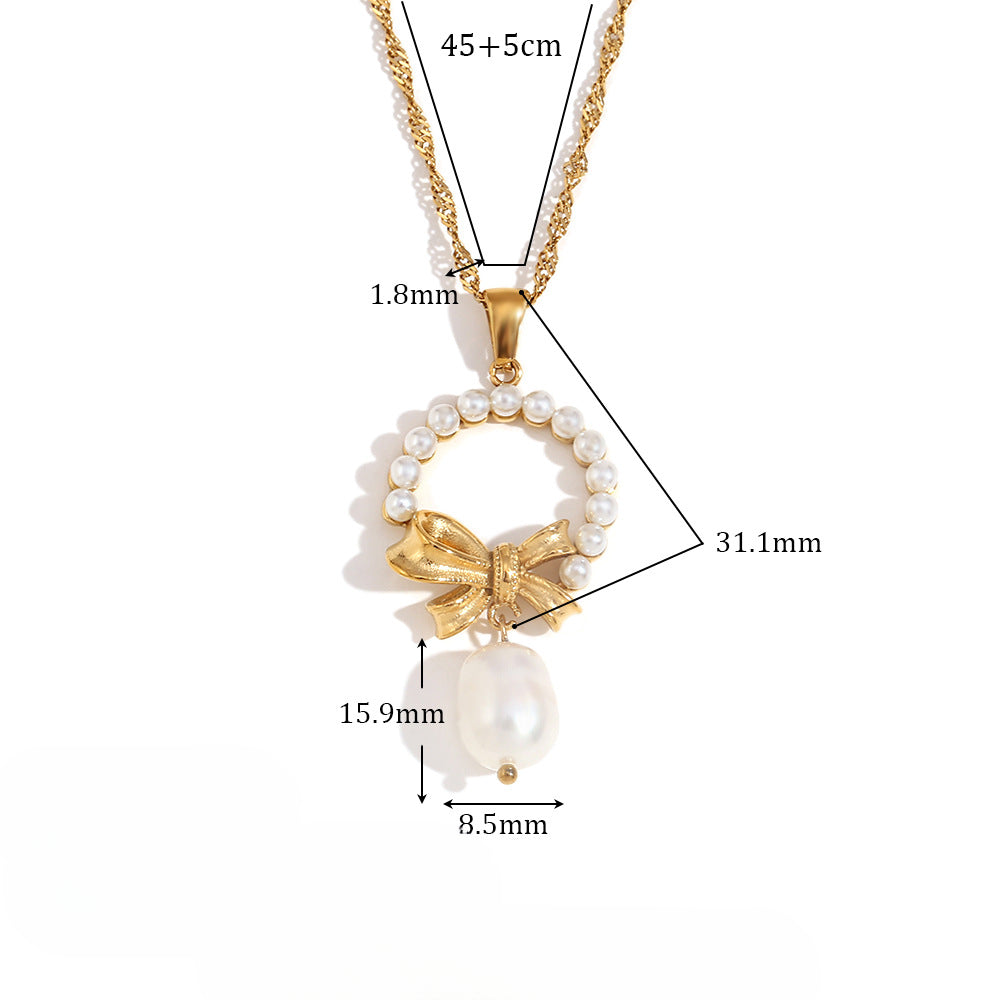 Wholesale Stainless Steel Earrings 18K Gold Plated Earrings Tassel Pearl Bow Necklace Earrings ACC-ES-MengJia003