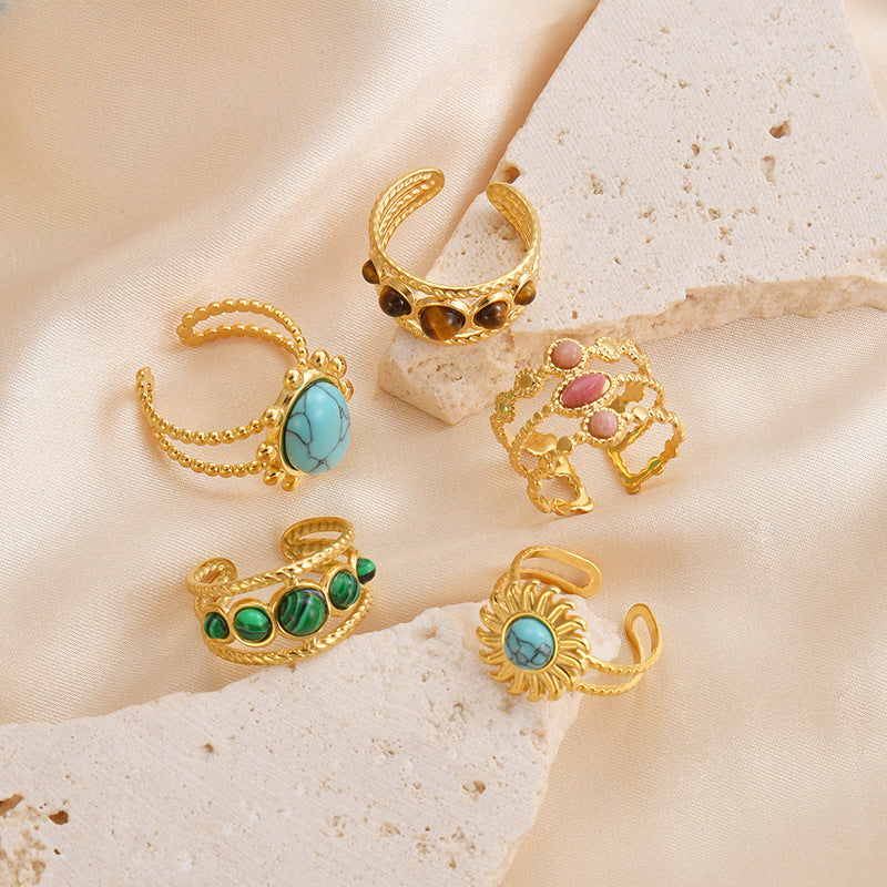 Wholesale 14K Gold Titanium Steel Ring Vintage Inlaid Turquoise Oil Drip Ring ACC-RS-yanc001