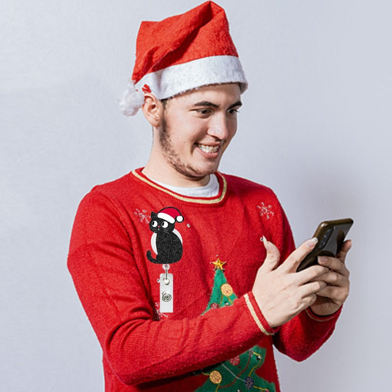 Wholesale Christmas Glitter Acrylic Cat Sloth Retractable Rotating Badge Keychain ACC-KC-QiDing030