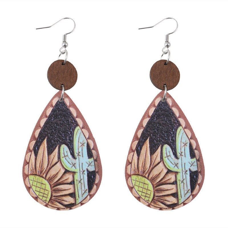 Wholesale Sunflower Cactus Water Drop Wood Leather Double Sided Earrings ACC-ES-ChuLian110