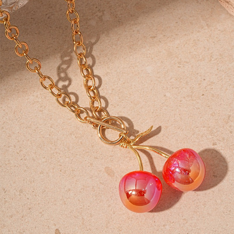 Wholesale Cute Resin Cherry Fruit Leaf OT Buckle Clavicle Necklace  ACC-NE-JingQiao002
