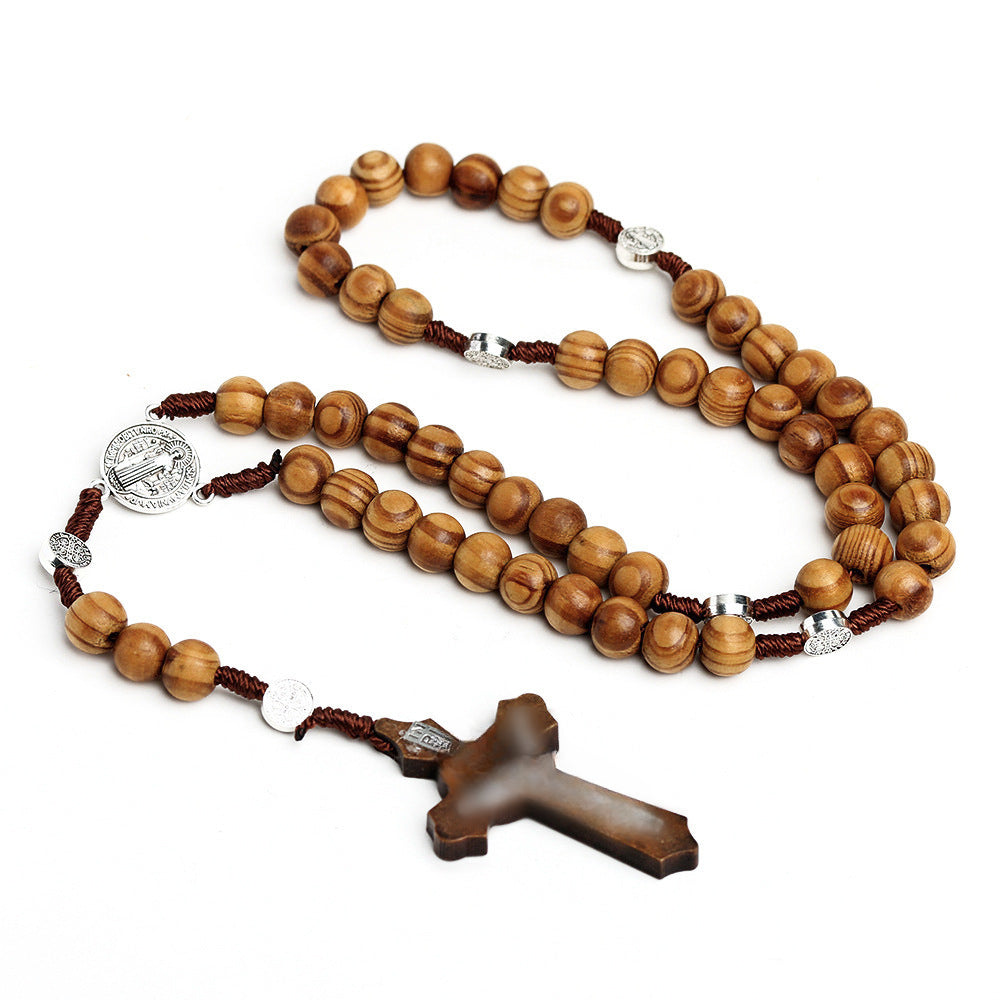 Wholesale Natural Wood Beads Cross Rosary Necklace Handwoven ACC-NE-Chengz002