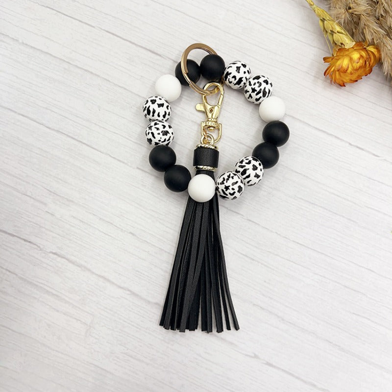 Wholesale Western Style Cow Pattern Wood Beads Silicone Beads Beaded Keychain ACC-KC-JiuYa008