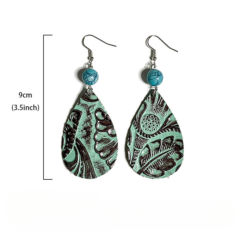 Wholesale Vintage Leather Earrings Western Style Long Teardrop Turquoise Stitching Earrings ACC-ES-XinChuan037