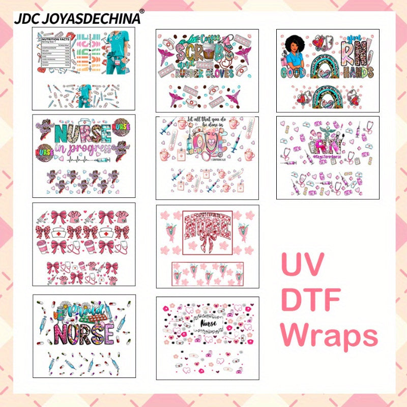 10pcs UV DTF Wraps Rub on Transfer Stickers 10 Style Nurse Themes for Mini Tumbler Cup Keychains Accessories DIY Gift Cup Sticker Gift