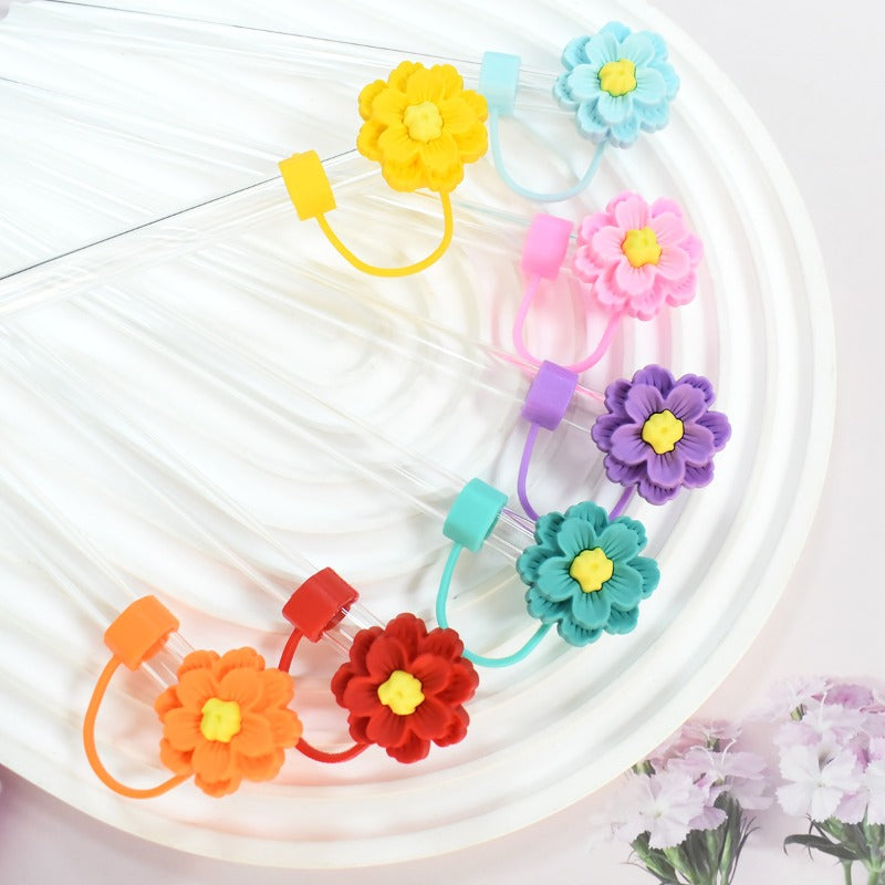 Wholesale Random 100pcs Cartoon Flowers 10mm PVC Soft Straw Tube Cap ACC-SCR-RYY139