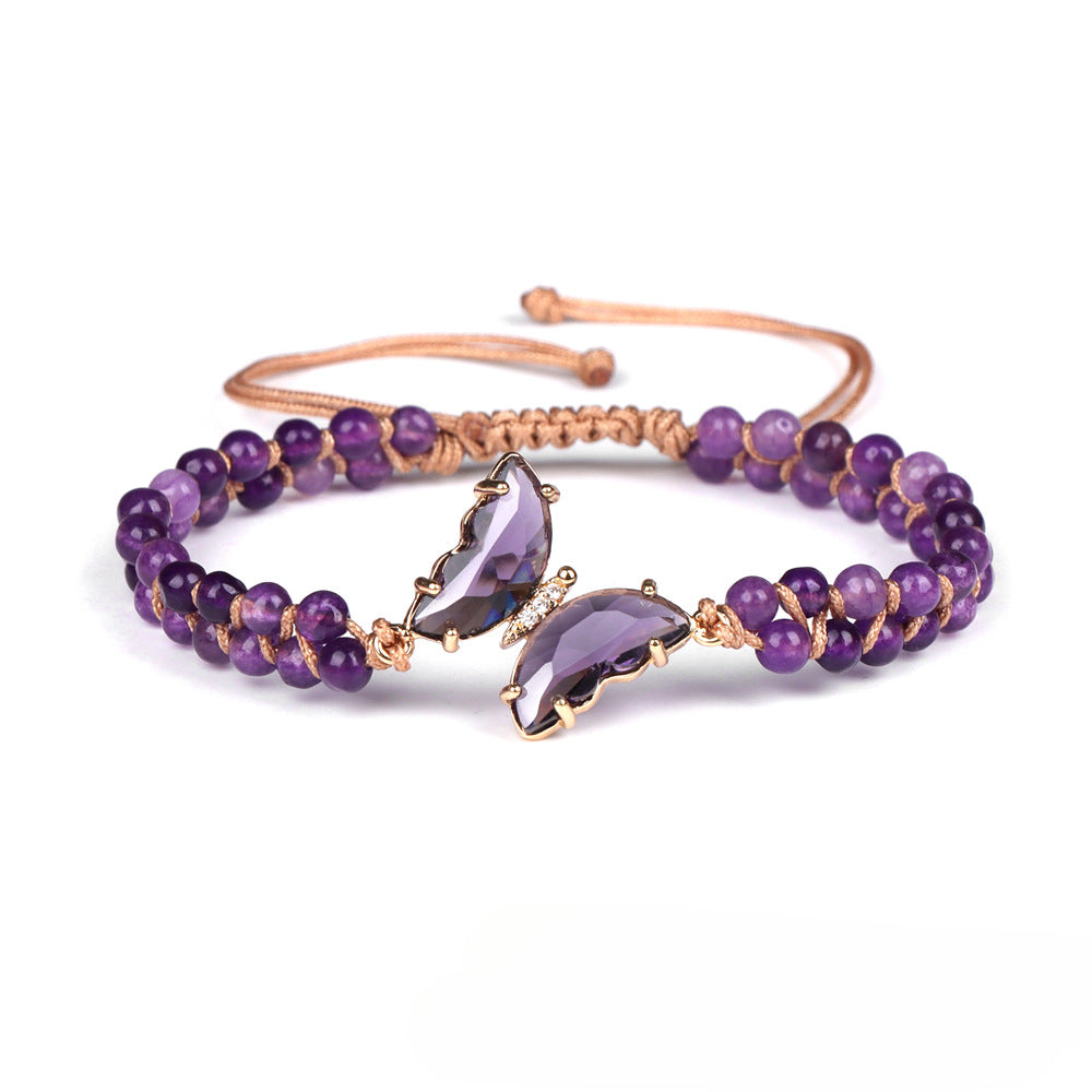 Wholesale Natural Stone Handwoven Amethyst Butterfly Pendant Bracelet ACC-BT-GEB006