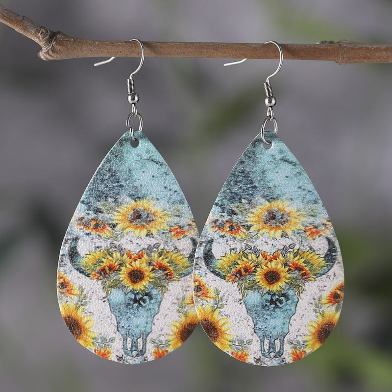 Wholesale Western Style Bull Head Sunflower Leopard Print Party Earrings ACC-ES-ChuLian126