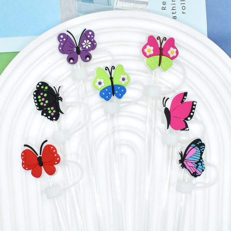 Wholesale Random 100pcs Butterfly Series 10mm PVC Soft Straw Tube Cap ACC-SCR-RYY150