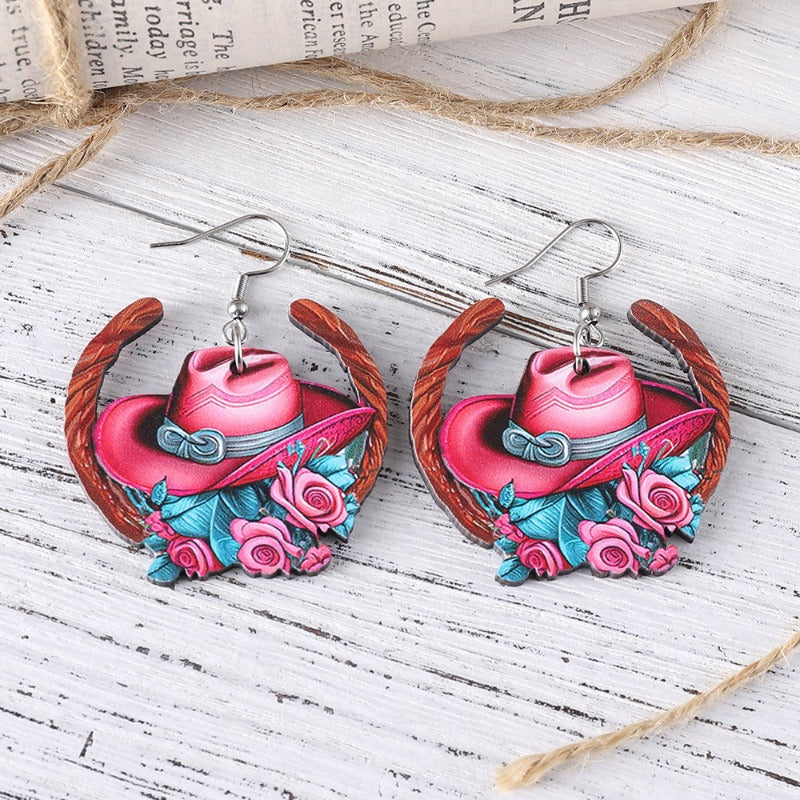 Wholesale Western Style Cowboy Hat Flower Horseshoe Pendant Earrings ACC-ES-ChuLian125