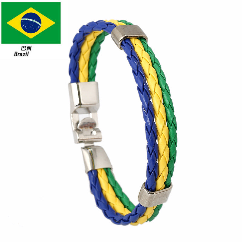 Wholesale Faux Leather Brazil Flag Color Bracelet - Unisex Fashion Accessory Gift