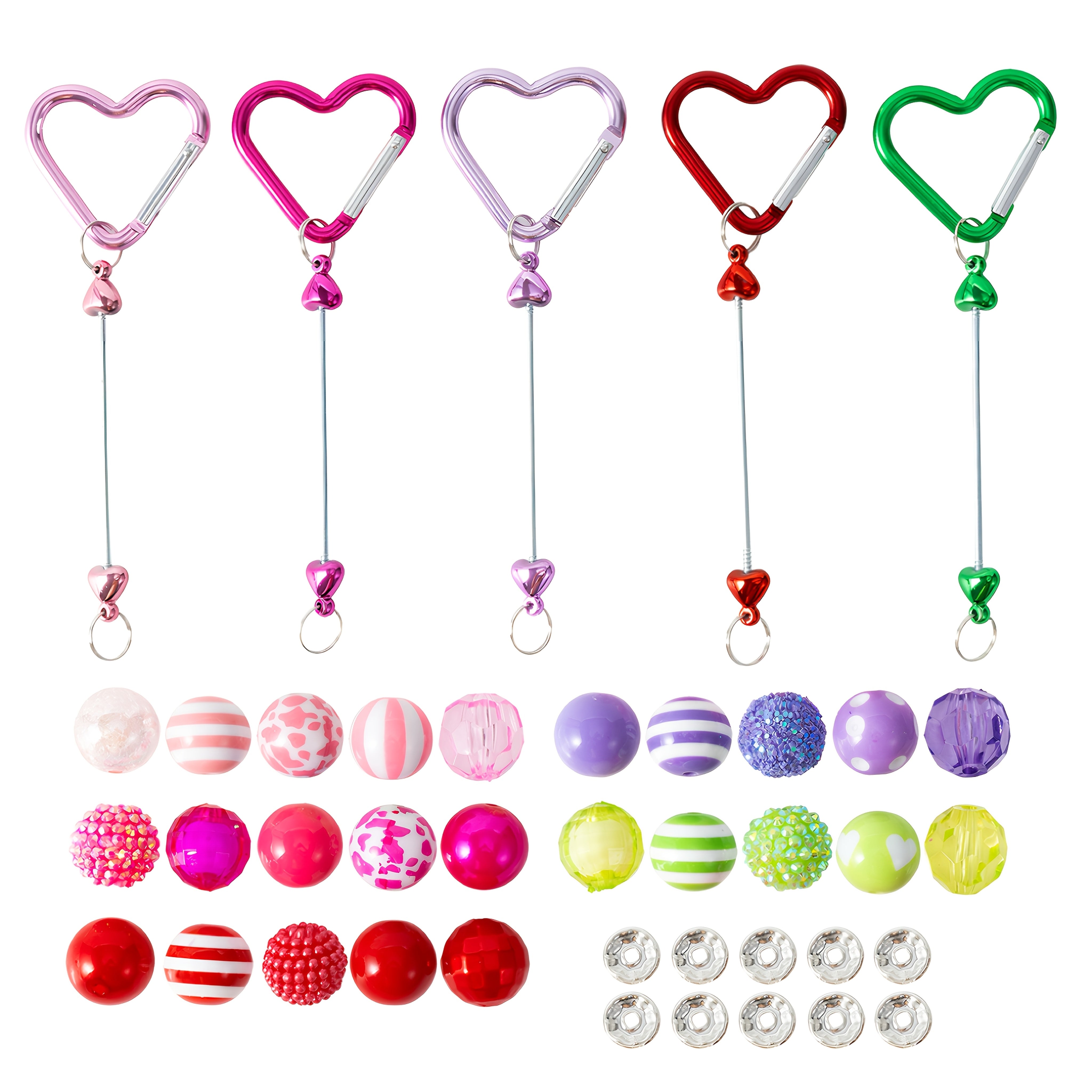 40pcs/Set Beadable Keychains Kits 20mm Chunky Bubblegum Beads Rhinestone Pearl Beads Heart Shaped Mountain Climbing Keychain for Jewelry Making Keychain Craft Making DIY Beaded Gifts
