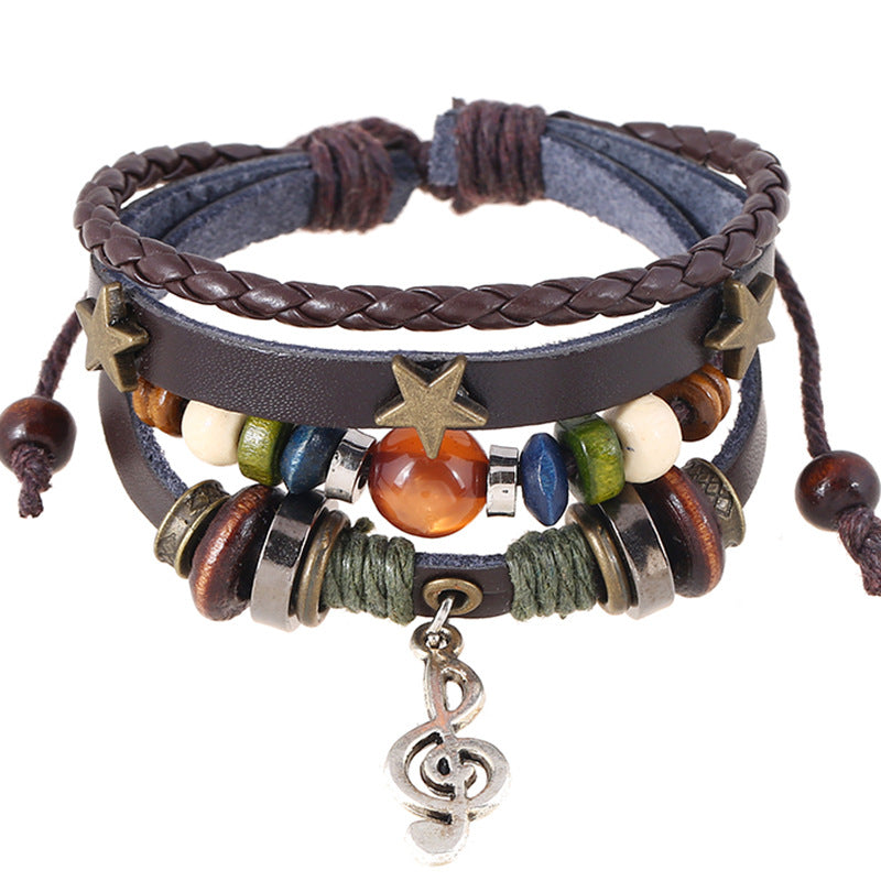 Wholesale Layered Leather Beaded Bracelet with Music Note Pendant – Unisex Electroplated Jewelry Accessory