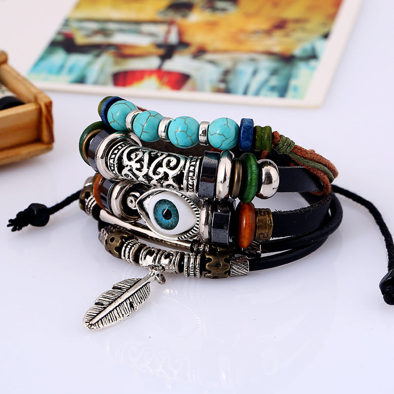 Wholesale Multi-Layered Beaded Blue Eyes Ethnic Style Cow Leather Bracelet Layered Bracelet Set ACC-BT-PK006