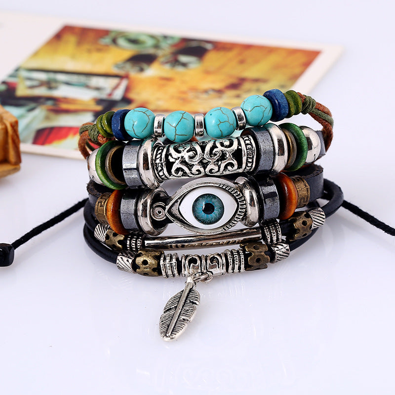 Wholesale Multi-Layered Beaded Blue Eyes Ethnic Style Cow Leather Bracelet Layered Bracelet Set ACC-BT-PK006