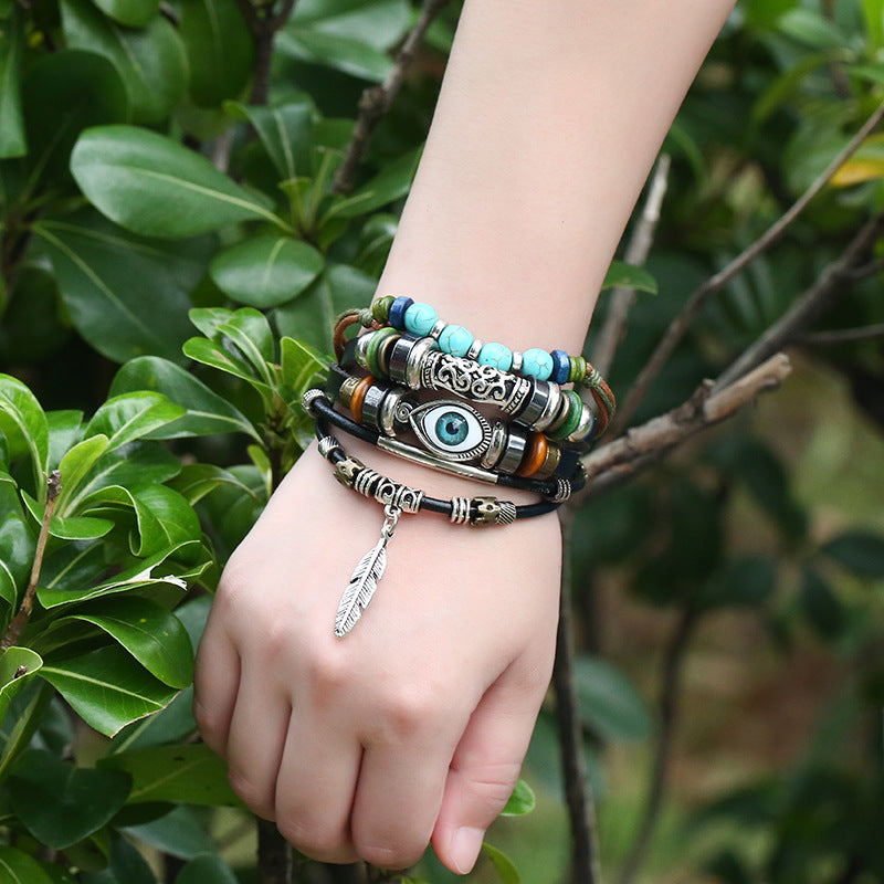 Wholesale Multi-Layered Beaded Blue Eyes Ethnic Style Cow Leather Bracelet Layered Bracelet Set ACC-BT-PK006