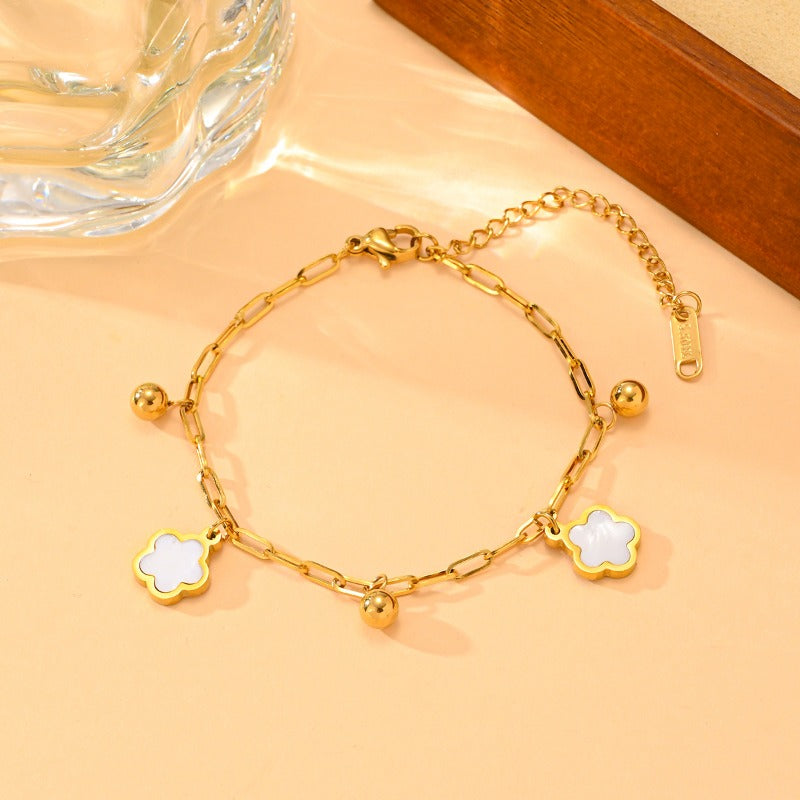 Wholesale Stainless Steel Five-leaf Flower Bracelet Anklet with Steel Beads ACC-BT-ZhuoXin003