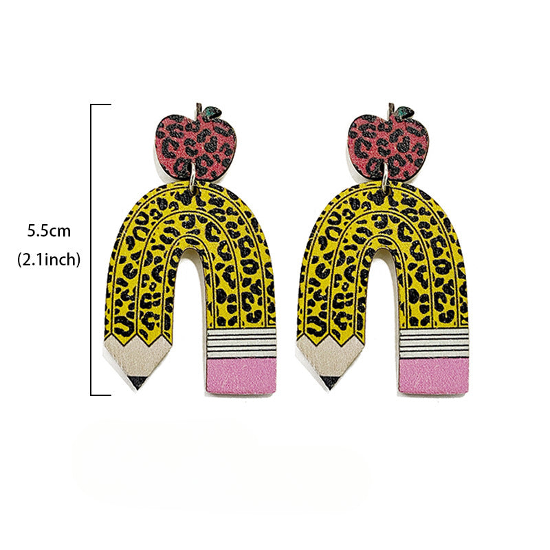 Wholesale Teacher's Day Wooden Earrings Leopard Print Pencil Apple Stitching Earrings ACC-ES-XinChuan029