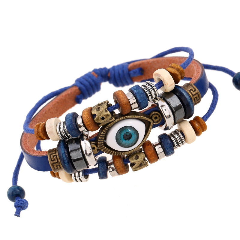 Wholesale Trendy Beaded Eye Leather Bracelet Black Unisex Jewelry Accessory for Resale