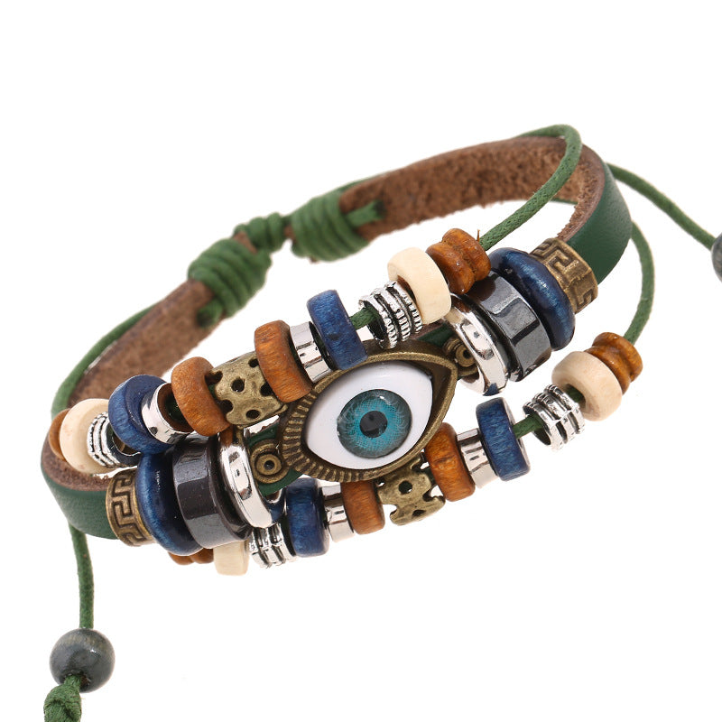 Wholesale Trendy Beaded Eye Leather Bracelet Black Unisex Jewelry Accessory for Resale