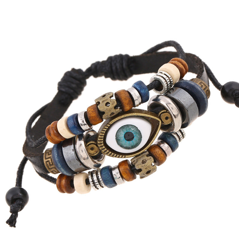 Wholesale Trendy Beaded Eye Leather Bracelet Black Unisex Jewelry Accessory for Resale