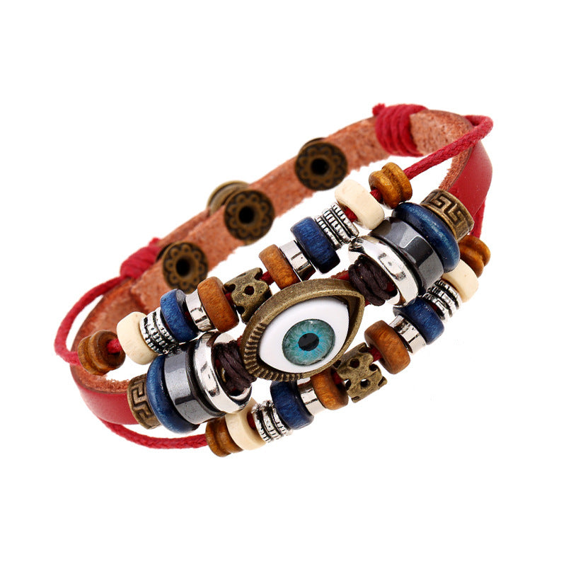 Wholesale Trendy Beaded Eye Leather Bracelet Black Unisex Jewelry Accessory for Resale