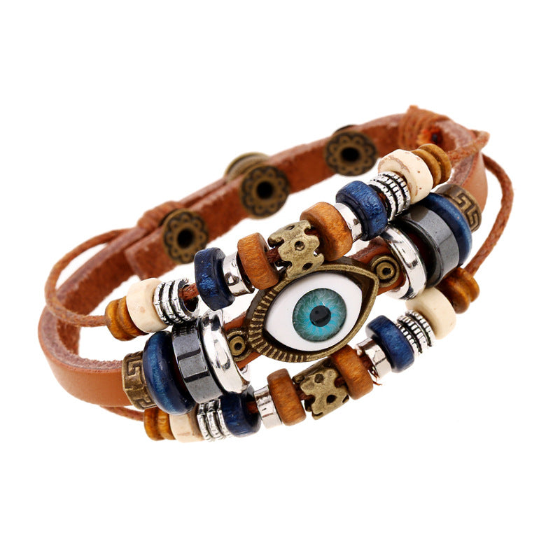 Wholesale Trendy Beaded Eye Leather Bracelet Black Unisex Jewelry Accessory for Resale