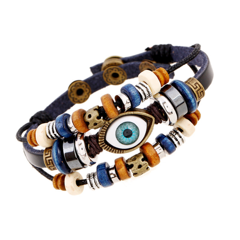 Wholesale Trendy Beaded Eye Leather Bracelet Black Unisex Jewelry Accessory for Resale