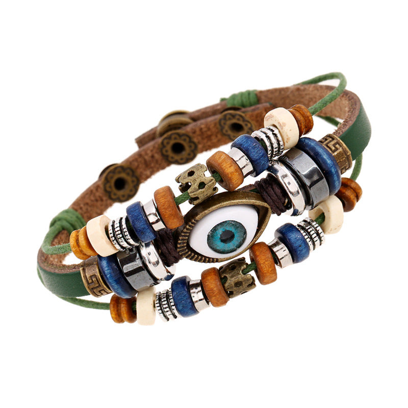 Wholesale Trendy Beaded Eye Leather Bracelet Black Unisex Jewelry Accessory for Resale