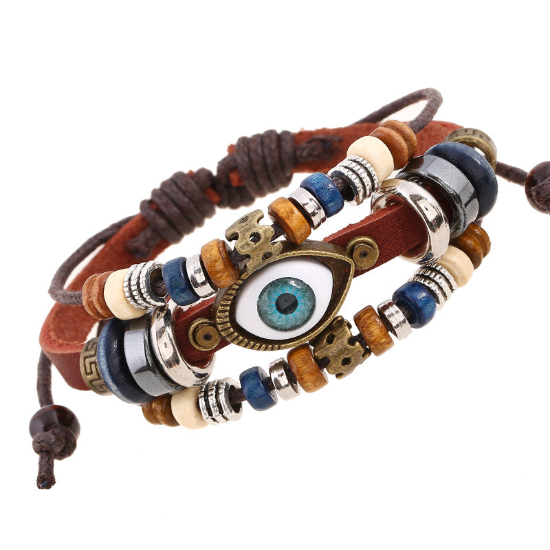 Wholesale Trendy Beaded Eye Leather Bracelet Black Unisex Jewelry Accessory for Resale