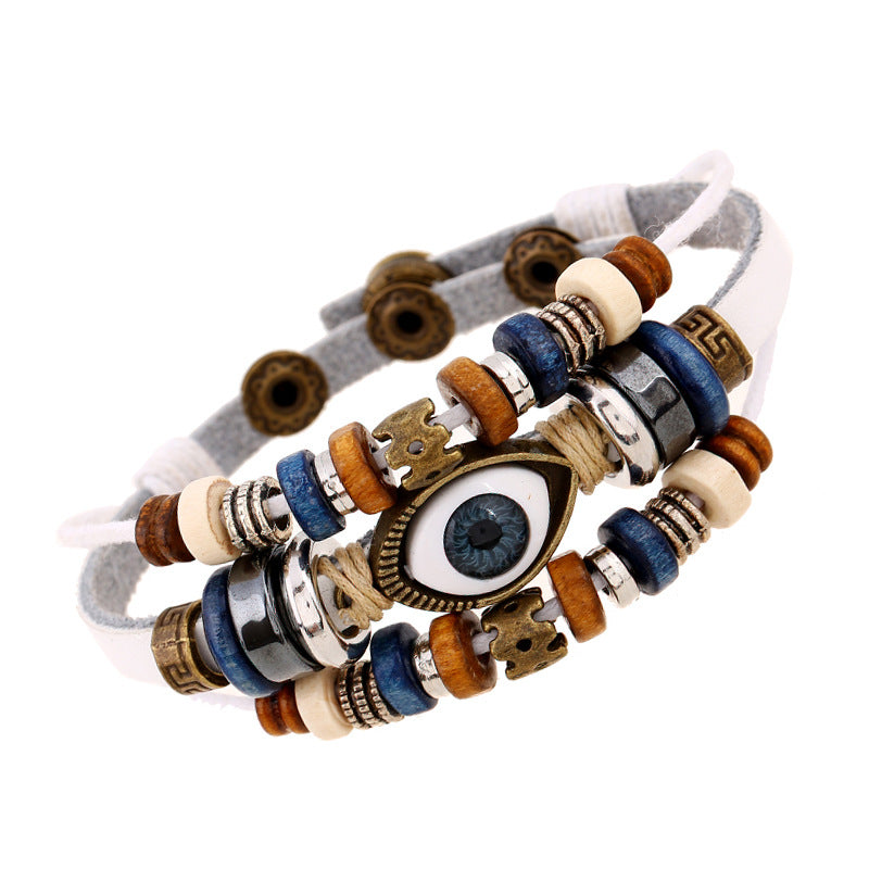 Wholesale Trendy Beaded Eye Leather Bracelet Black Unisex Jewelry Accessory for Resale