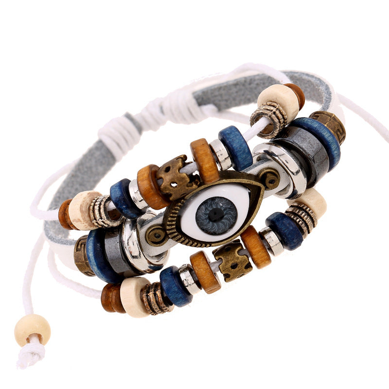 Wholesale Trendy Beaded Eye Leather Bracelet Black Unisex Jewelry Accessory for Resale