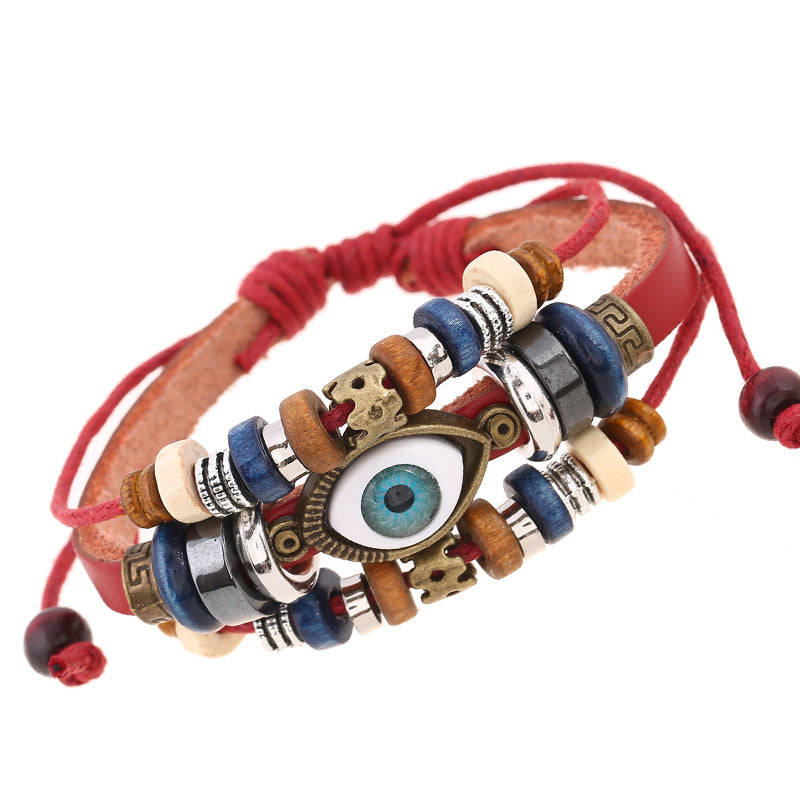 Wholesale Trendy Beaded Eye Leather Bracelet Black Unisex Jewelry Accessory for Resale