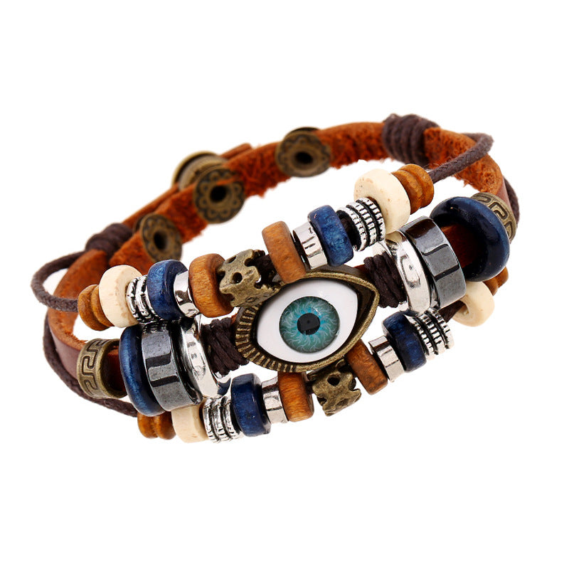 Wholesale Trendy Beaded Eye Leather Bracelet Black Unisex Jewelry Accessory for Resale