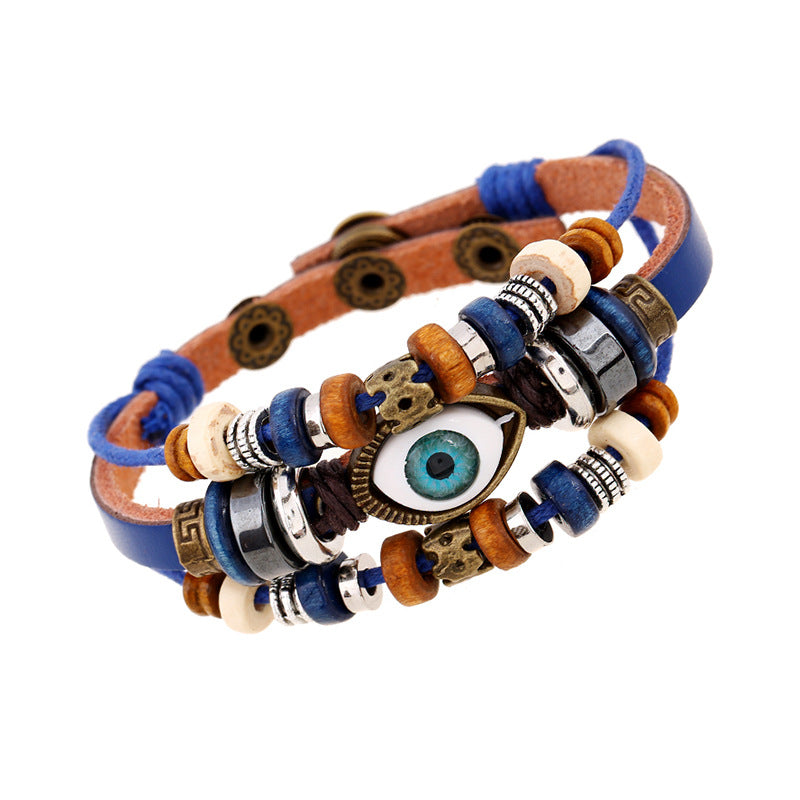 Wholesale Trendy Beaded Eye Leather Bracelet Black Unisex Jewelry Accessory for Resale