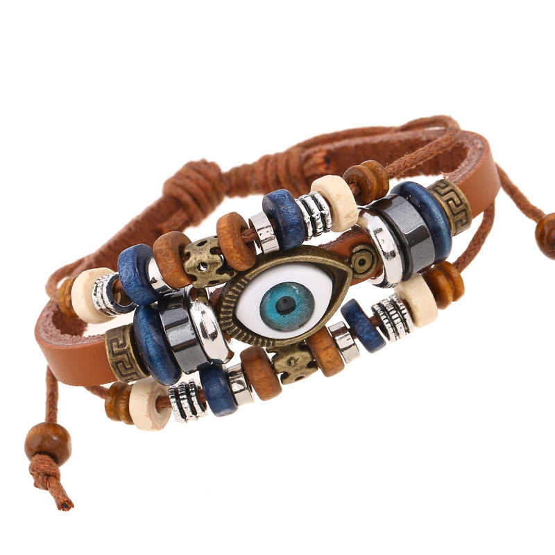 Wholesale Trendy Beaded Eye Leather Bracelet Black Unisex Jewelry Accessory for Resale