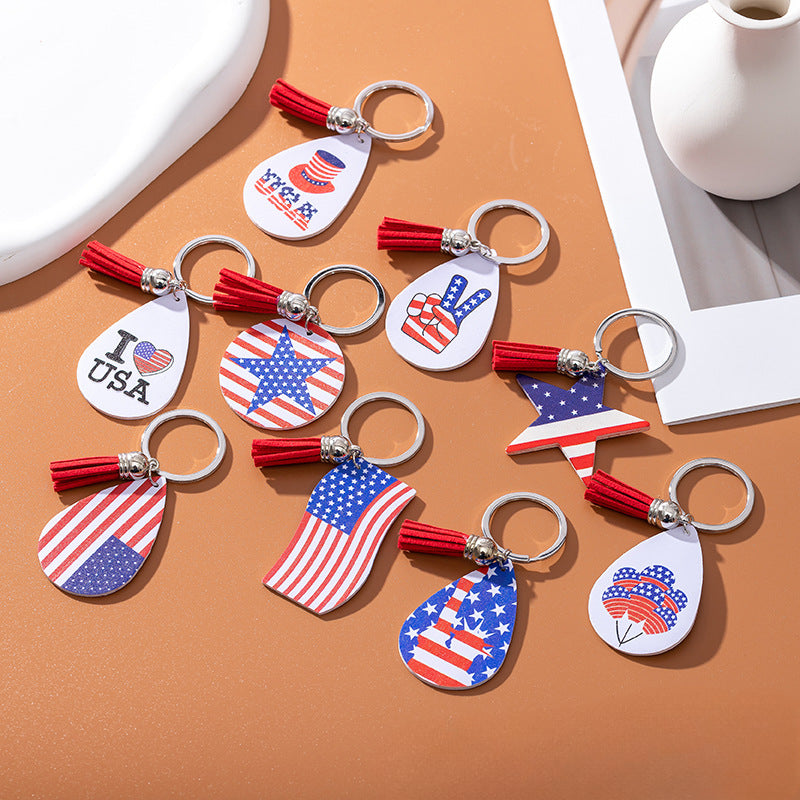 Wholesale American Flag Independence Day PU Leather Keychain Water Drop Five-Pointed Star Pendant ACC-KC-Yongz001
