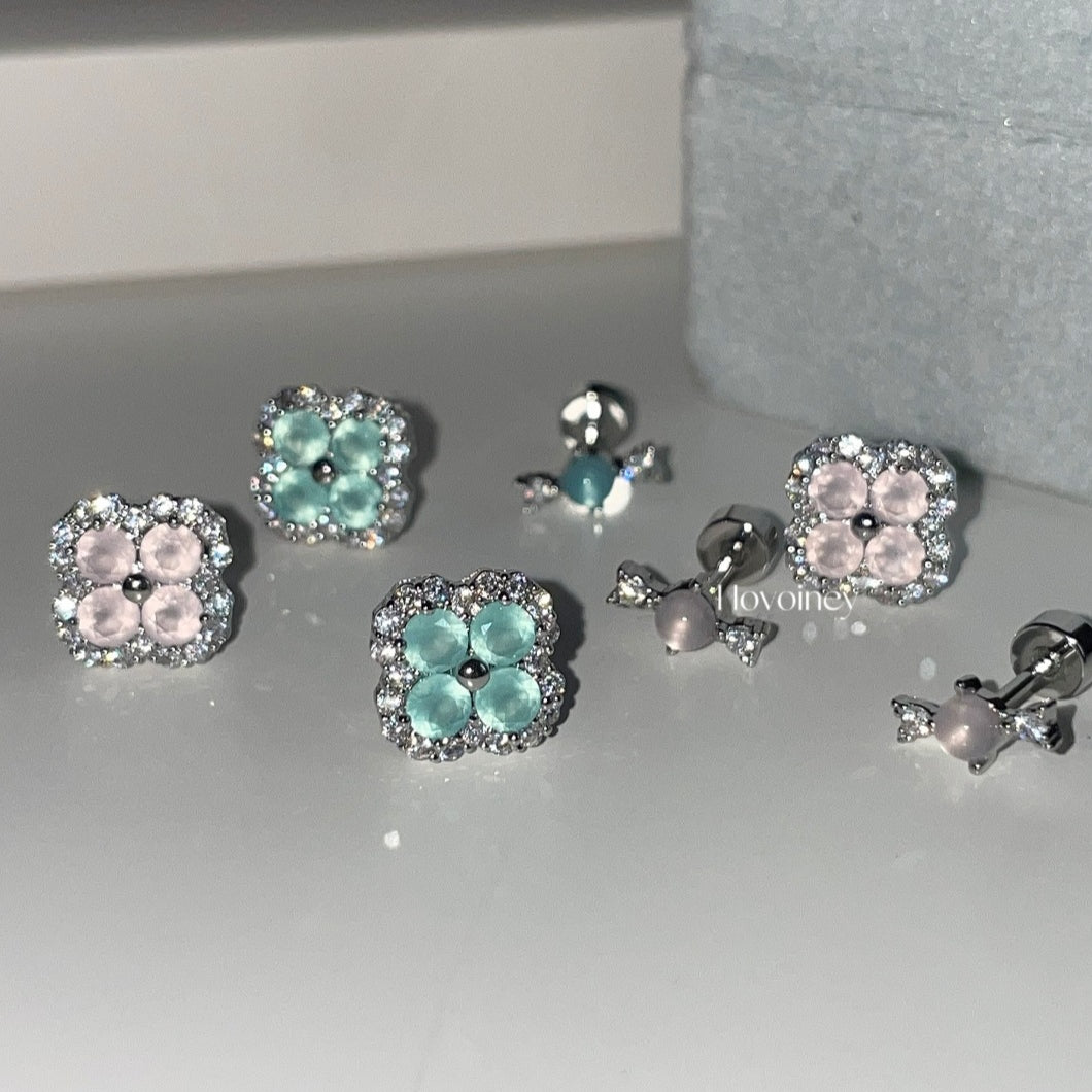 Wholesale Hovoiney Protein Four-leaf Flower Zircon Ear Studs Titanium Steel Earrings ACC-ES-Qiuy003