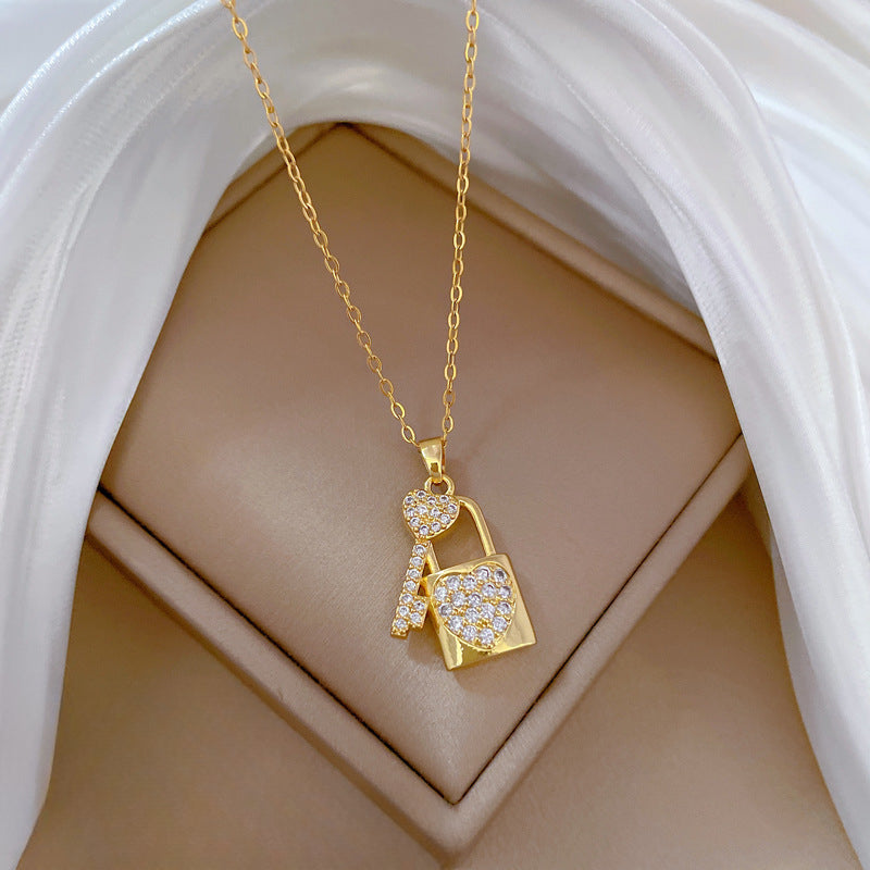 Wholesale Titanium Steel Key Love Lock Diamond Clavicle Chain Necklaces ACC-NE-LiGe017