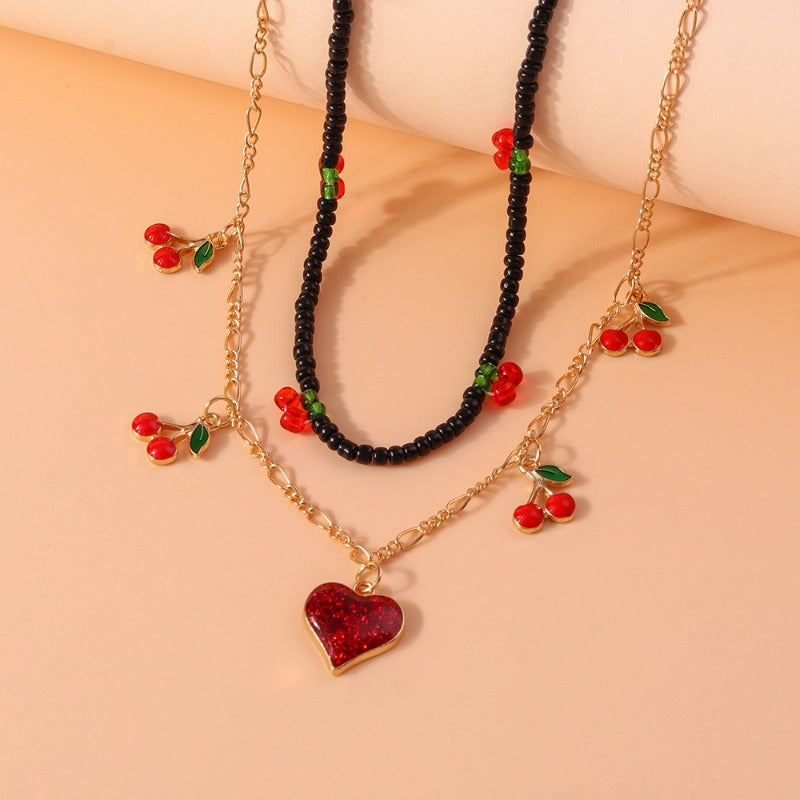 Wholesale Alloy Cute Cherry Love Heart Pendant Necklace Set ACC-NE-YueSen028