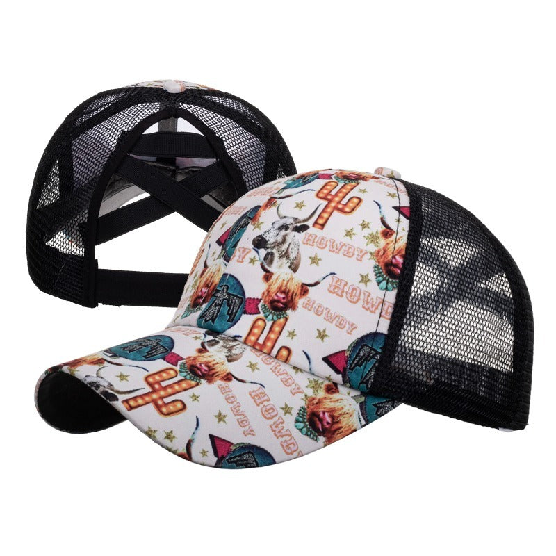 Wholesale Western Style Aztec Cow Print Leopard Mesh Cap Ponytail Cap Baseball Cap Hat ACC-HT-RongZhao005