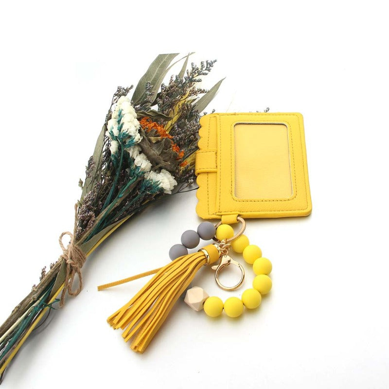 Wholesale Silicone PU Leather Tassel Bracelet Wooden Beads Wallet Keychain ACC-KC-JinAn023