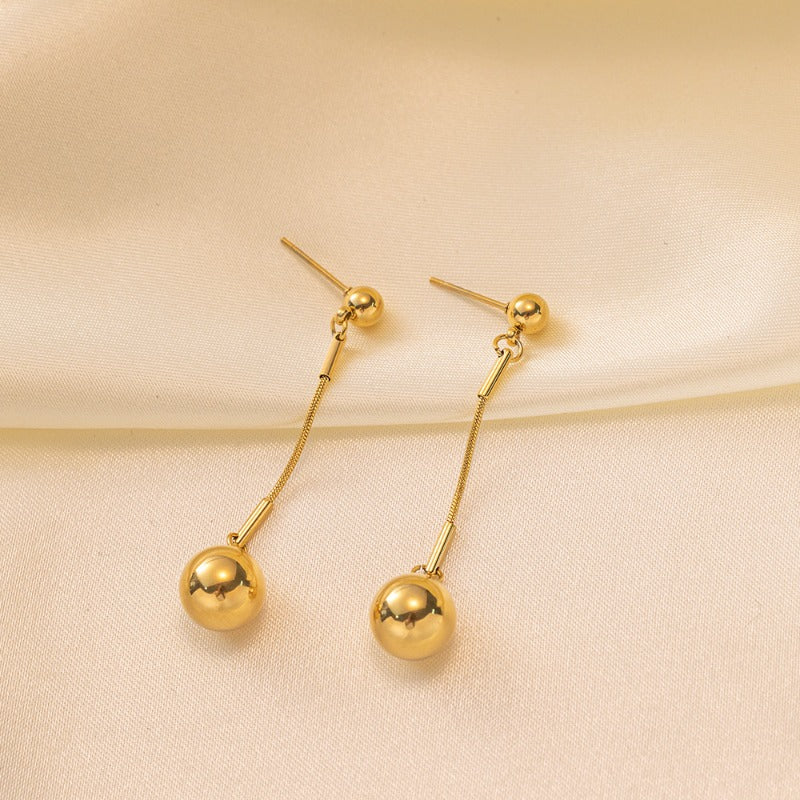 Wholesale Gold Titanium Steel Long Small Gold Ball Pendant Earrings ACC-ES-QiYun002