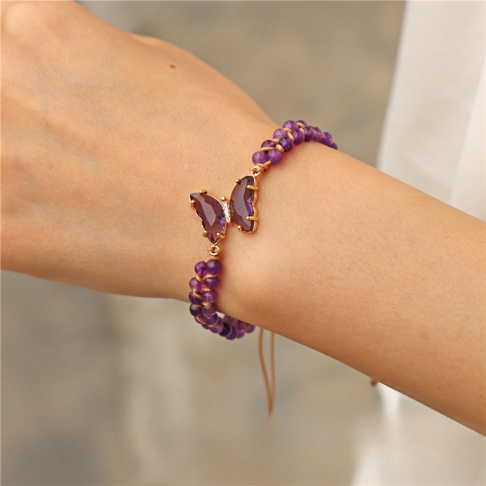 Wholesale Natural Stone Handwoven Amethyst Butterfly Pendant Bracelet ACC-BT-GEB006