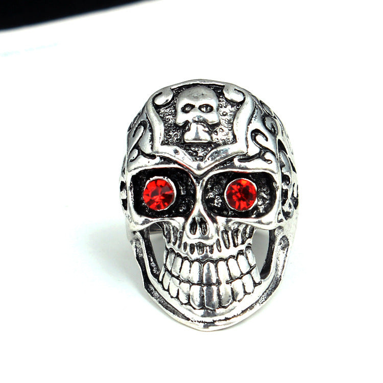 Wholesale Punk Skull Ring with Red Rhinestone Eyes Men' s Jewelry Accessory