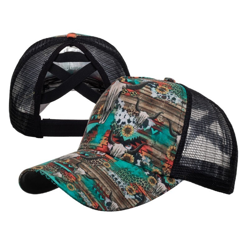 Wholesale Western Style Aztec Cow Print Leopard Mesh Cap Ponytail Cap Baseball Cap Hat ACC-HT-RongZhao005